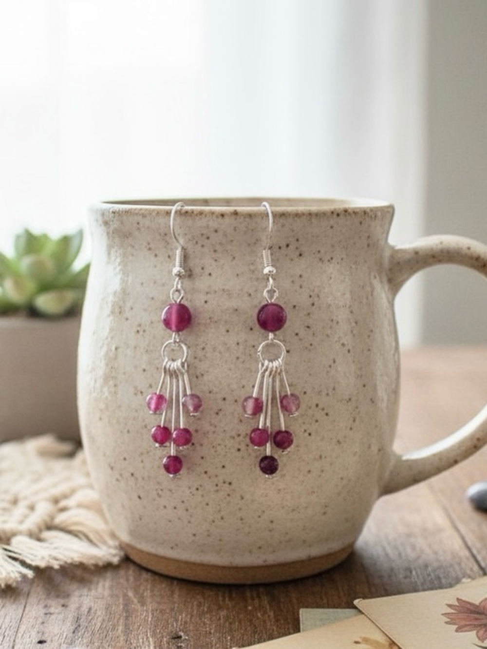 Handmade Silver-Tone Rose Lace Agate Dangle Earrings